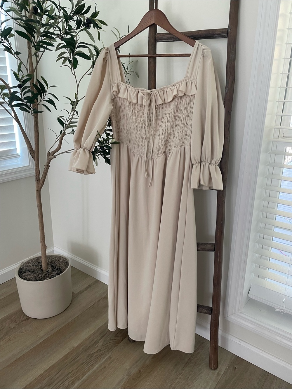 Beige Smocked Square-Neck Maxi Dress